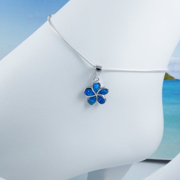 Pretty Hawaiian Blue Opal Plumeria Anklet or Bracelet, Sterling Silver Blue Opal Plumeria Charm Bracelet, A2018 Birthday Mom Valentine Gift