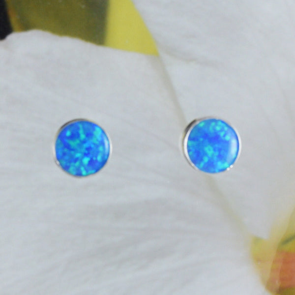 Beautiful Hawaiian Blue Opal Round-Cut Earring, Sterling Silver Blue Opal Stud Earring, E8634 Birthday Valentine Mom Gift