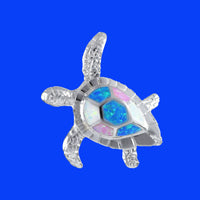 Gorgeous Hawaiian Large Tri-color Opal Sea Turtle Necklace, Sterling Silver Blue White Pink Opal Turtle Pendant, N8366 Birthday Mom Gift